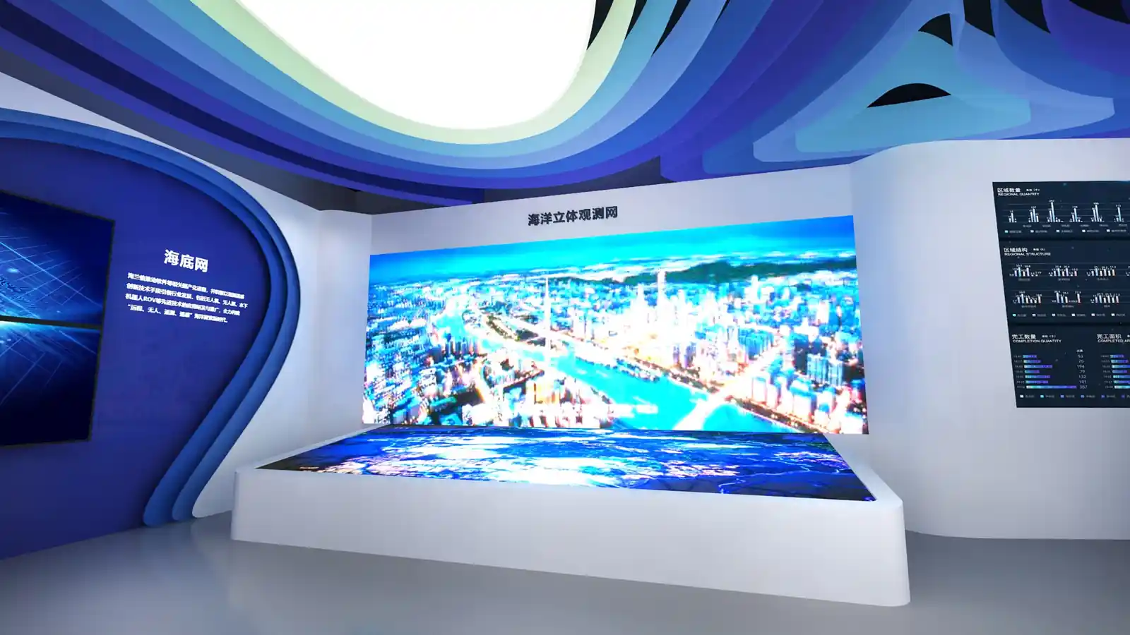 海兰信展墙、数字屏幕与模型的近距离展示画面
